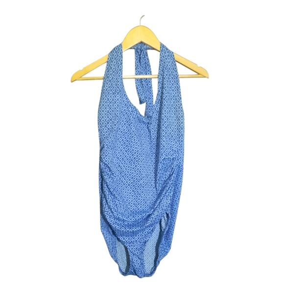 Lands End Womens Navy Abstract Print One Piece Halter Style Swim Suit Size 14 - Picture 1 of 4